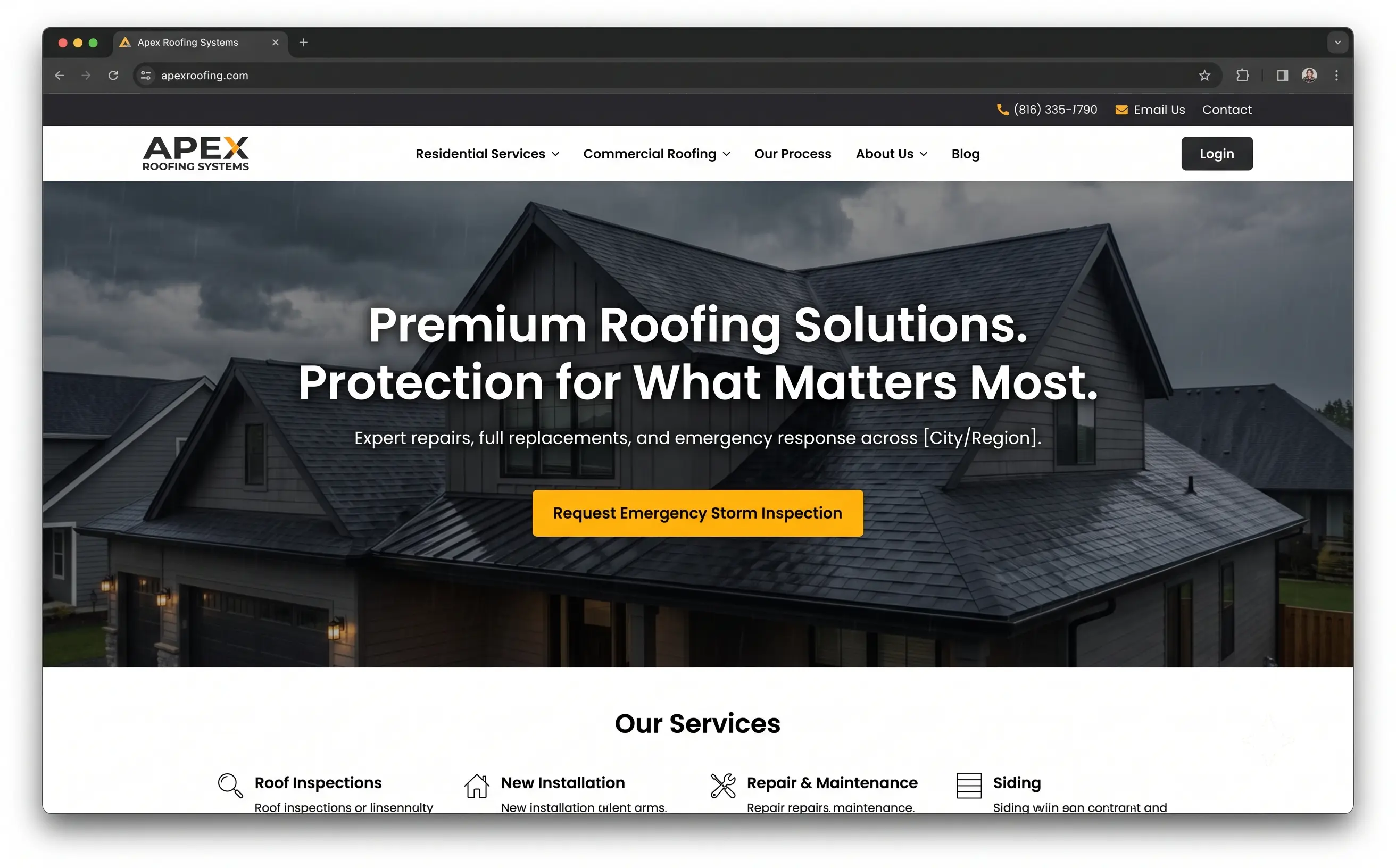 Roofing landing page layout showcase